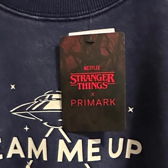 NWT Stranger Things x Primark Beam Me Up Blue Graphic Crewneck Sweatshirt - Picture 3 of 4
